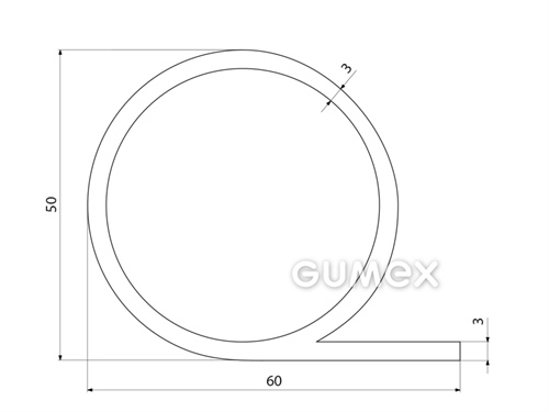 "P" Silikonprofil mit Loch, 60x50/3mm, 55°ShA, -60°C/+250°C, transparent, 